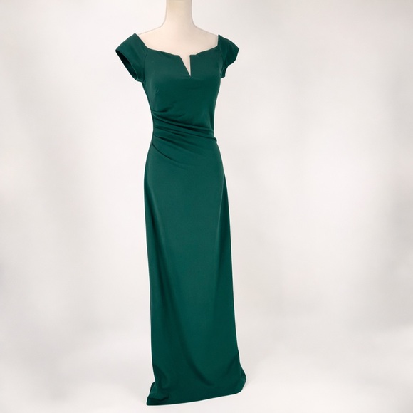 Xscape Hunter Green Ruched Scuba Crepe V neck Gown Dress 6 Formal Evening - Picture 1 of 9